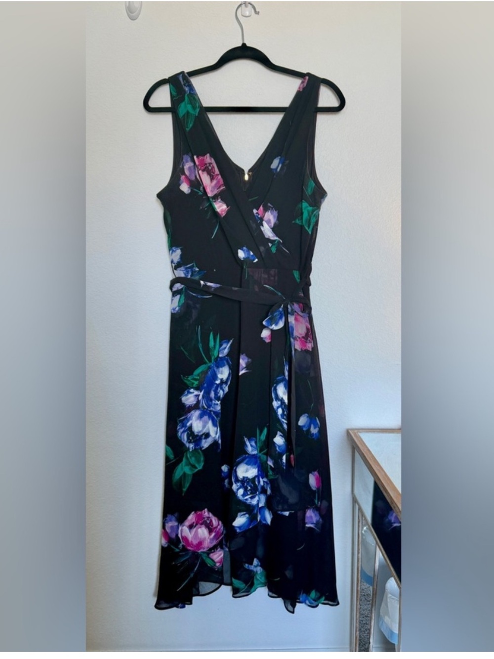 DKNY Black Floral Wrap Midi Dress with Pink & Blue Blooms